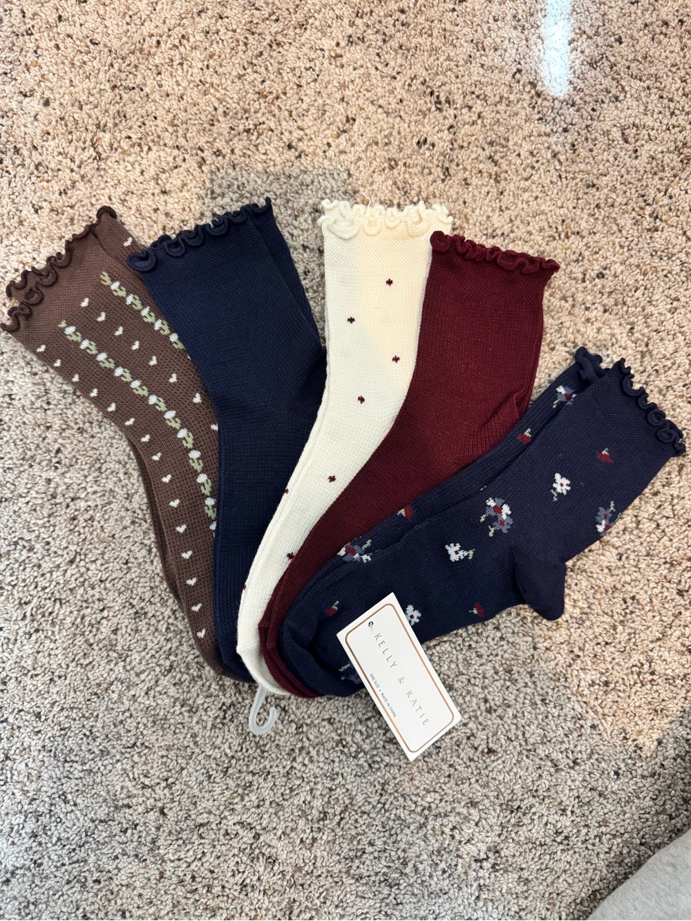 Kelly & Katie Ruffle Top Patterned Sock Set - Navy, Burgundy, Cream, Brown